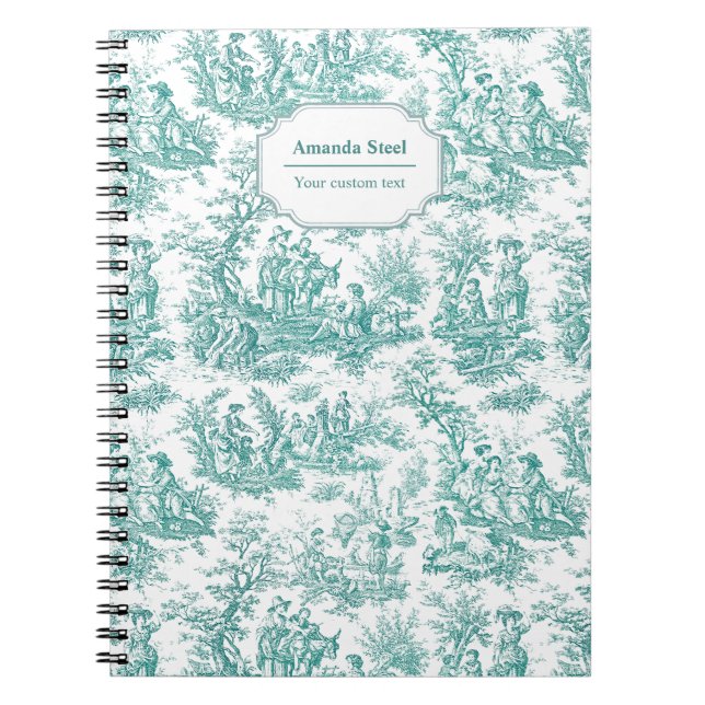 Elegant vintage turquoise toile de jouy small notebook (Front)