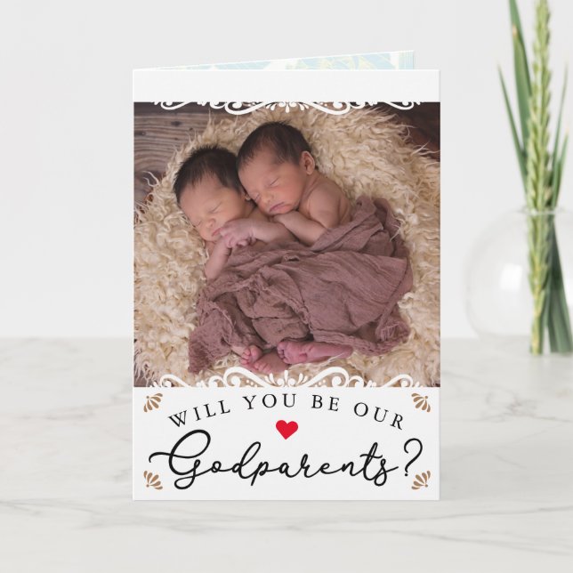 Elegant Vintage Twin Photo Godparents Proposal Card (Front)