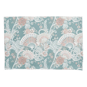 Elegant Vintage Victorian Fans Floral Lace Teal Pillowcase