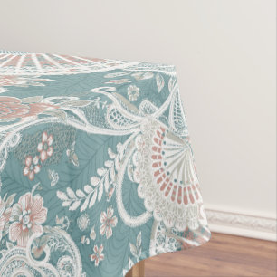 Elegant Vintage Victorian Fans Floral Lace Teal Tablecloth