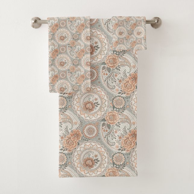 Elegant Vintage Victorian Floral Peach Sage Bath Towel Set (Insitu)