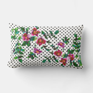 Elegant vintage watercolor pink roses polka dots lumbar cushion