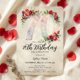 Elegant Vintage Watercolor Red Rose 70th Birthday Invitation