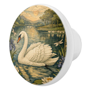 Elegant vintage watercolor white swan painting ceramic knob