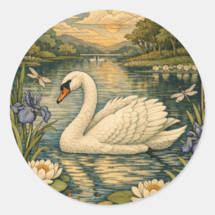 Elegant vintage watercolor white swan painting classic round sticker