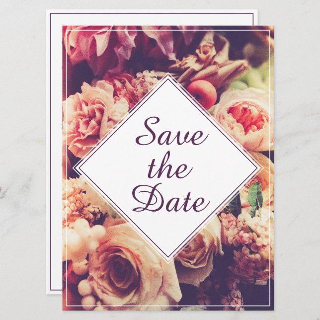 Elegant Vintage Wedding Announcement, Flower Motif (Front/Back)