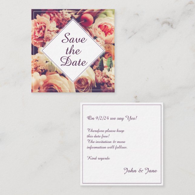 Elegant Vintage Wedding Announcement, Flower Motif Card (Front/Back)