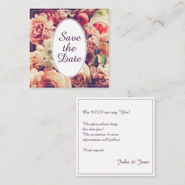 Elegant vintage wedding announcement, flower motif card (Front/Back)