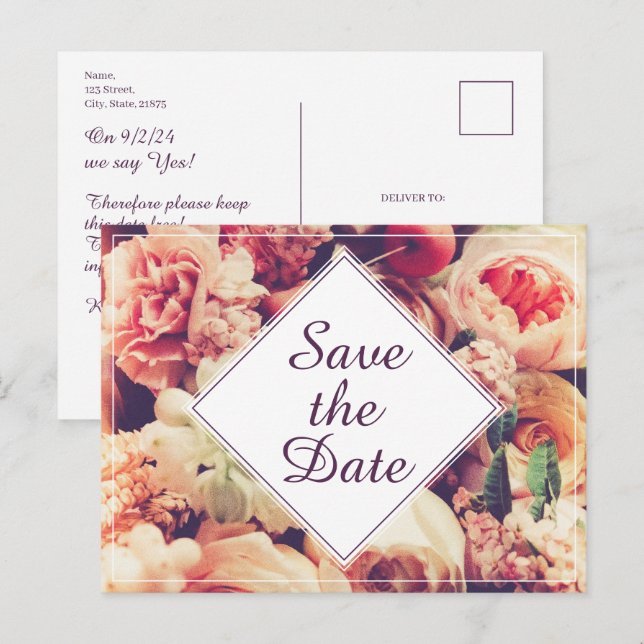 Elegant Vintage Wedding Announcement, Flower Motif Holiday Postcard (Front/Back)