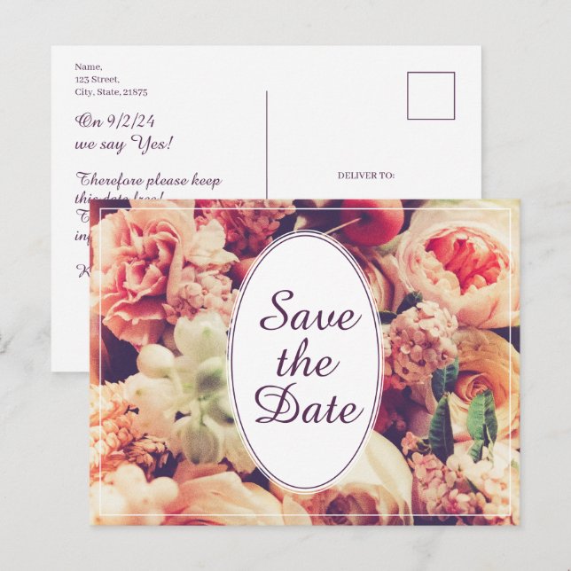 Elegant vintage wedding announcement, flower motif holiday postcard (Front/Back)