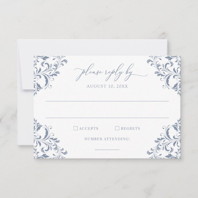 Elegant Vintage Wedding Dusty Blue Antique RSVP Card (Front)