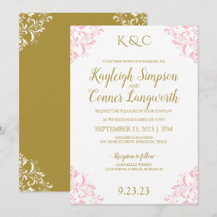 Elegant Vintage Wedding Invitation   Pink & Gold