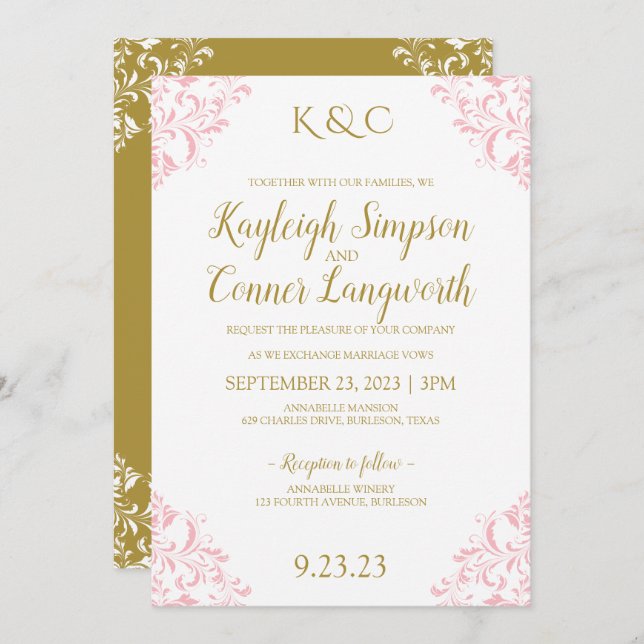 Elegant Vintage Wedding Invitation | Pink & Gold (Front/Back)