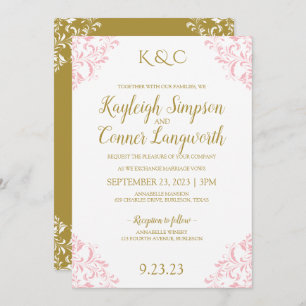 Elegant Vintage Wedding Invitation   Pink & Gold