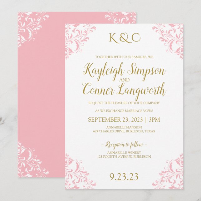 Elegant Vintage Wedding Invitation | Pink & Gold (Front/Back)