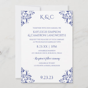 Elegant Vintage Wedding Invitation Royal Blue