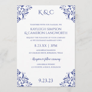 Elegant Vintage Wedding Invitation Royal Blue