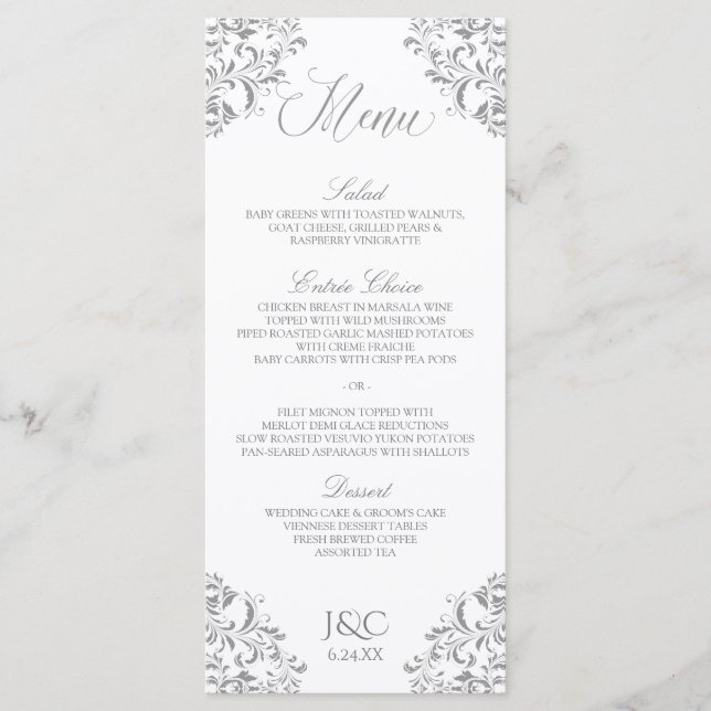 Elegant Vintage Wedding Menu | Nadine (Grey) (Front)