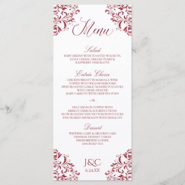 Elegant Vintage Wedding Menu | Nadine (Red) (Front)