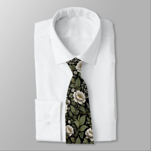 Elegant vintage white floral dark green botanical tie
