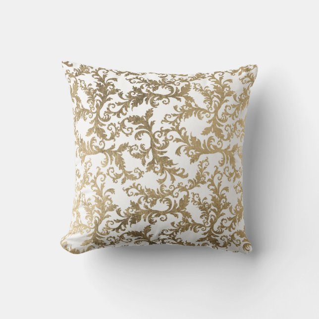 Elegant vintage white gold floral damask cushion (Front)