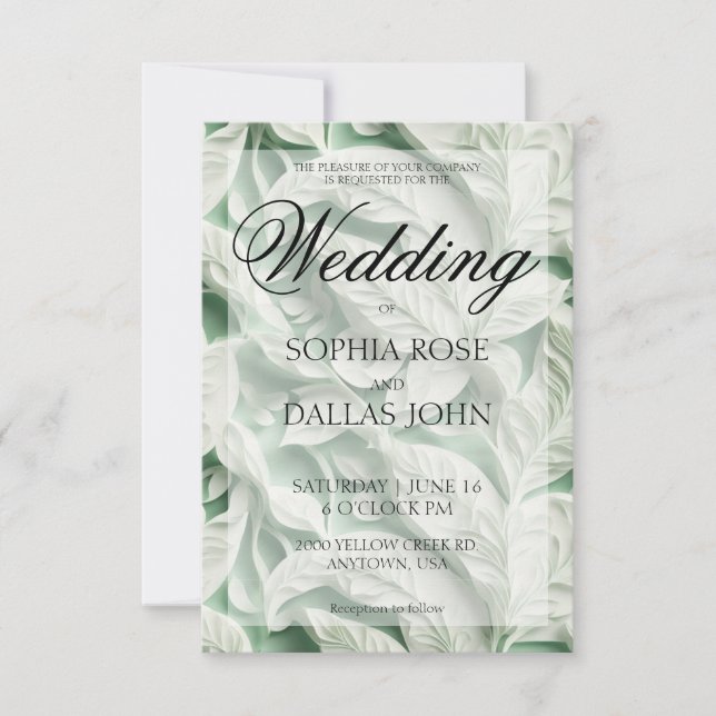 Elegant vintage white green botanical leaf pattern invitation (Front)