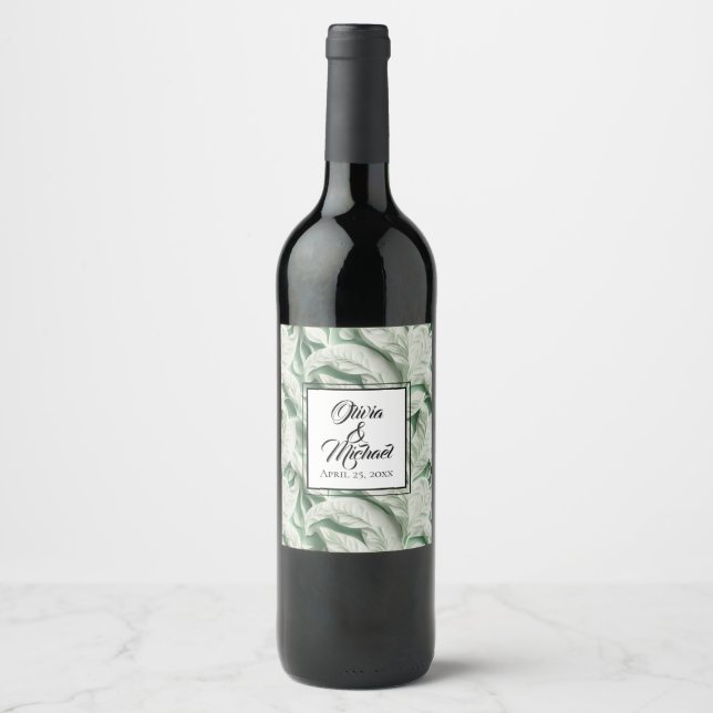 Elegant vintage white green leaf  calligraphy wine label (Front)
