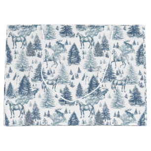 Elegant Vintage White Horses in Snow Woods Toile Large Gift Bag