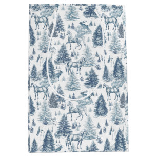 Elegant Vintage White Horses in Snow Woods Toile  Medium Gift Bag