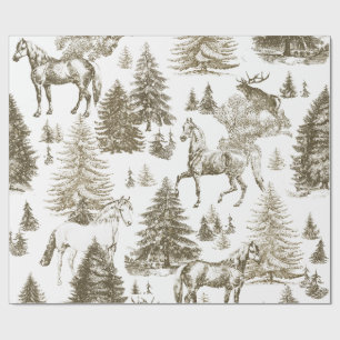 Elegant Vintage White Horses in Snow Woods Toile Wrapping Paper
