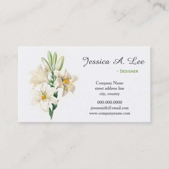 Elegant, vintage white lily flower professional business card (Front)