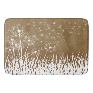 Elegant Vintage White Outline Dandelions in Wind Bath Mat