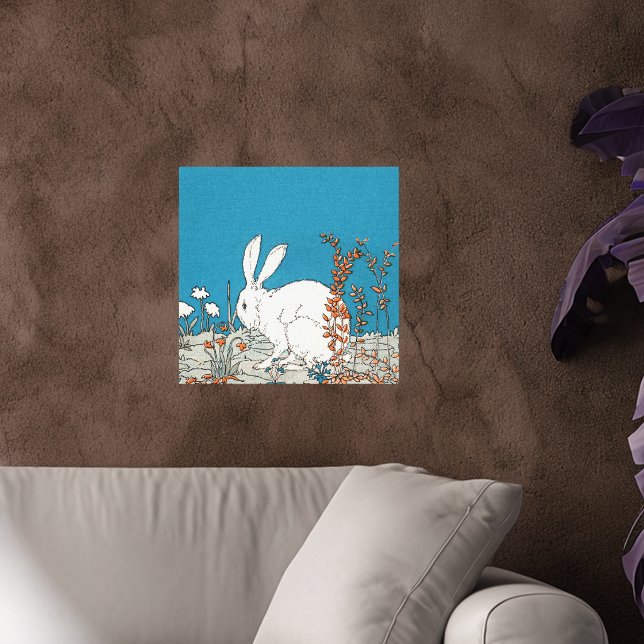 Elegant Vintage White Rabbit Canvas Print (Fluffy white rabbit sitting in orange and white flowers on deep blue canvas art print.)