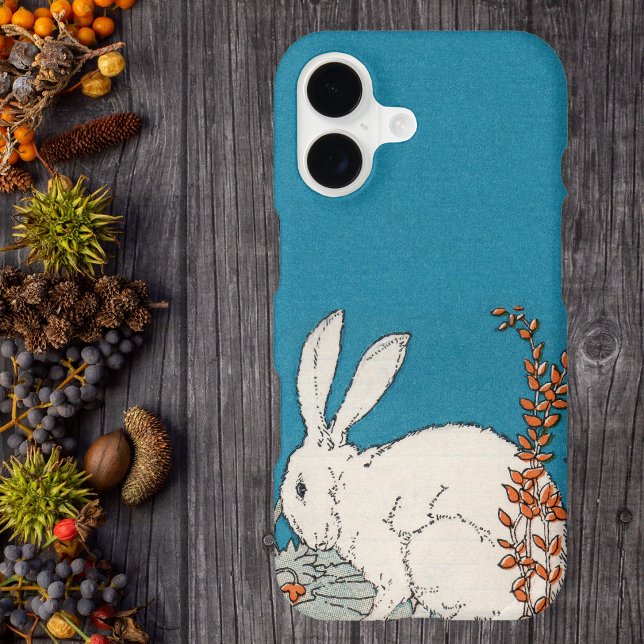 Elegant Vintage White Rabbit Flowers (Fluffy white rabbit sitting on ground with orange flowers on dark blue phone case.)