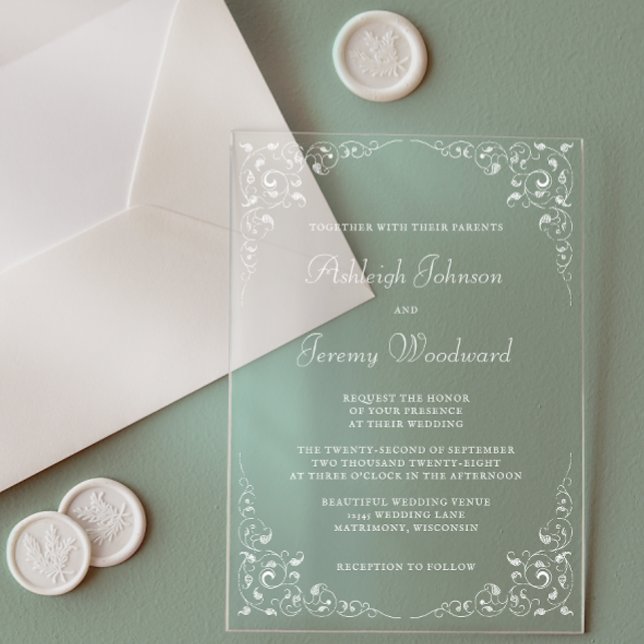 Elegant Vintage White Script Botanical Frame Acrylic Invitations (Creator Uploaded)