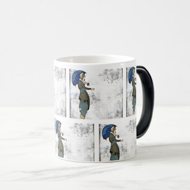 Elegant Vintage Woman with Umbrella: Magic Mug (Front Right)