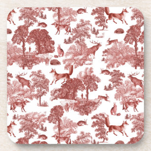 Elegant Vintage Woodland Fox Rabbit Red Toile Coaster