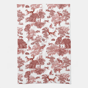 Elegant Vintage Woodland Fox Rabbit Red Toile Tea Towel