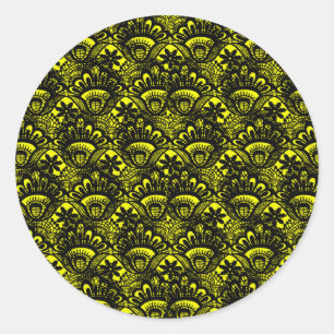 Elegant Vintage Yellow Black Damask Lace Pattern Classic Round Sticker