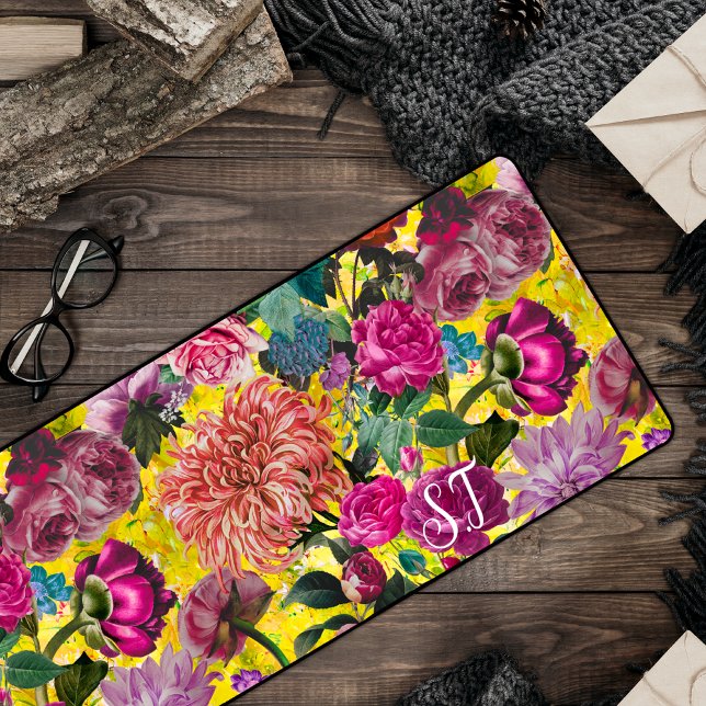 Elegant Vintage yellow Floral monogram Desk Mat (Creator Uploaded)