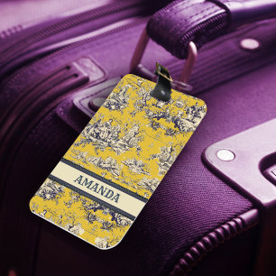 Elegant vintage yellow lake toile de jouy luggage tag
