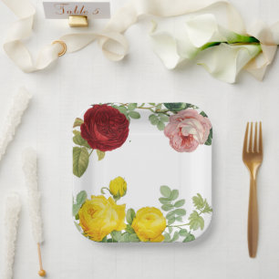 Elegant Vintage Yellow Pink and Red Roses Wedding  Paper Plate