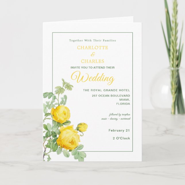 Elegant Vintage Yellow Roses Wedding Invitation (Front)