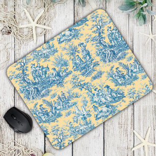 Elegant vintage yellow teal toile de jouy mouse mat