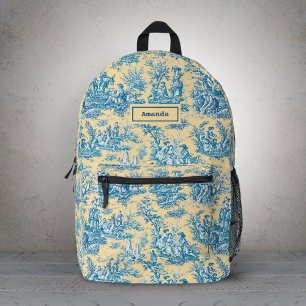 Elegant vintage yellow teal toile de jouy  printed backpack