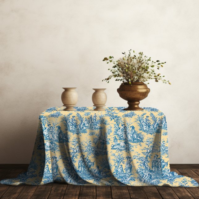 Elegant vintage yellow teal toile de jouy printed tablecloth (Creator Uploaded)