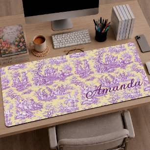 Elegant Vintage Yellow Toile de Jouy Monogram Desk Mat