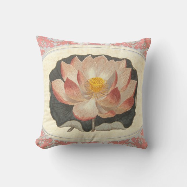 Elegant Vintage Yoga Lotus Blossom Peach Damask Cushion (Front)