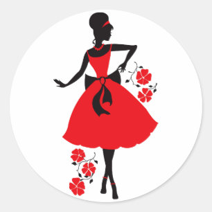 Elegant vintage young woman red black silhouette classic round sticker