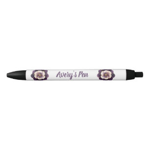 Elegant Violet Floral Name Black Ink Pen
